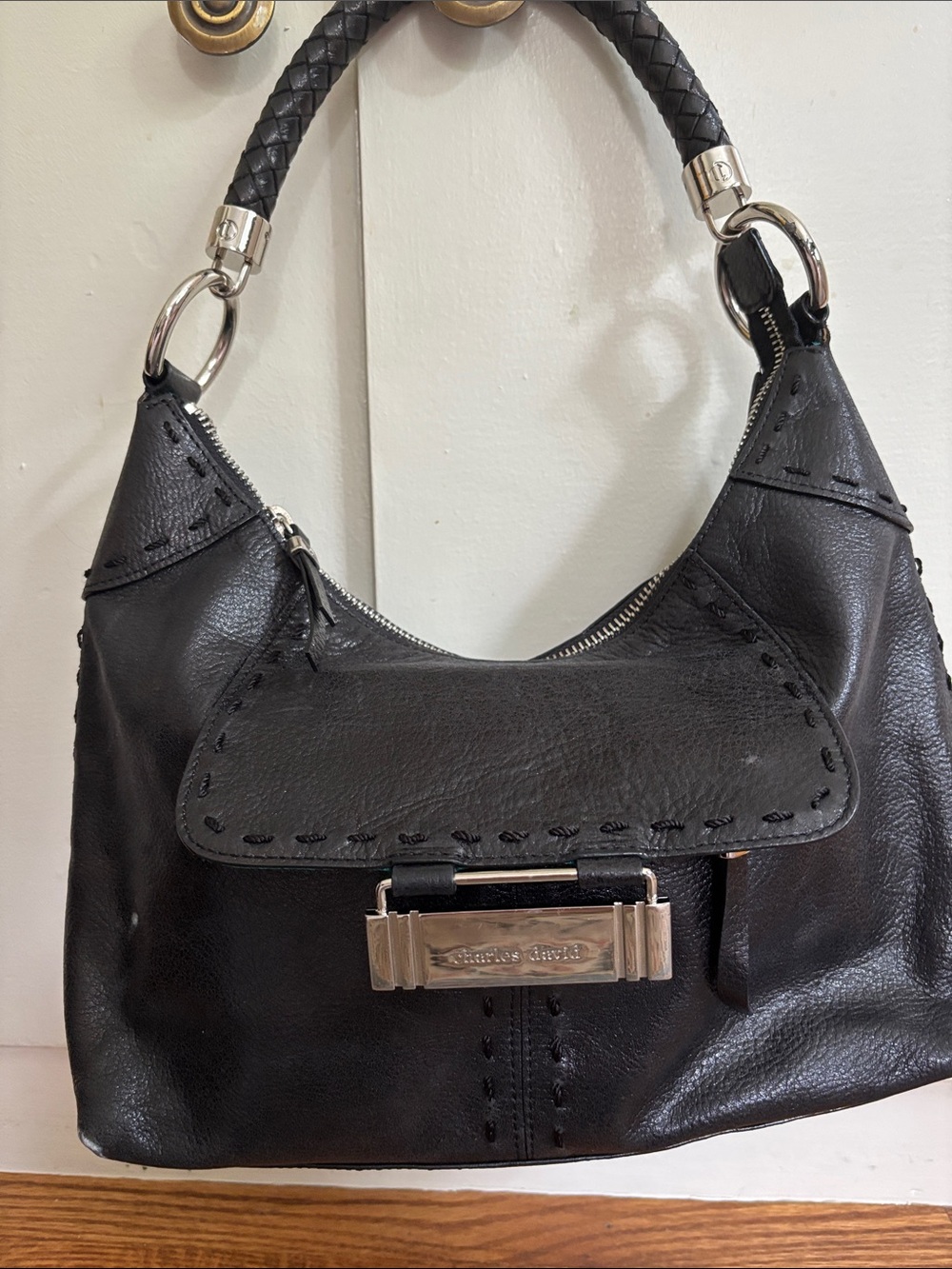 Charles David Black Braided Handle Leather Shoulder Bag